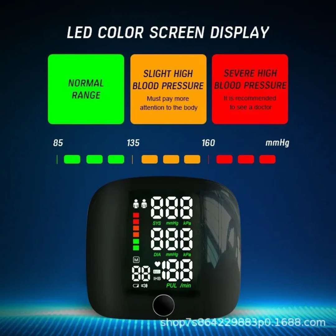 Tensiomètre Électronique au Poignet – Avec Écran LED Couleur & Alerte Santé